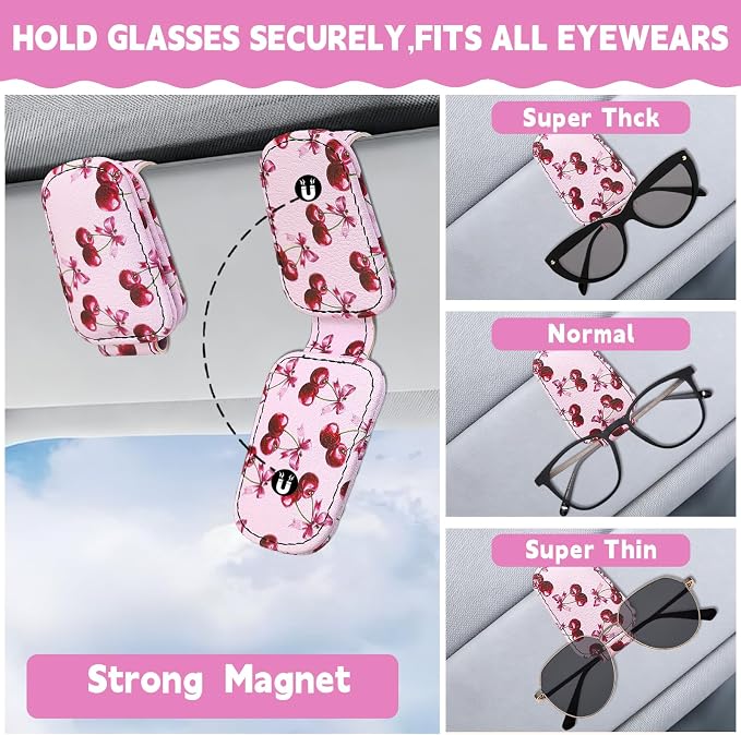 2 Pcs Sunglass Holder and 1Pcs Car Tissue Holder for Car,Magnetic Leather Sunglasses Holder Car Sun Visor Glasses Hanger Clip,Car Interior Accessories for Women(Pink Cherry) - Image 6
