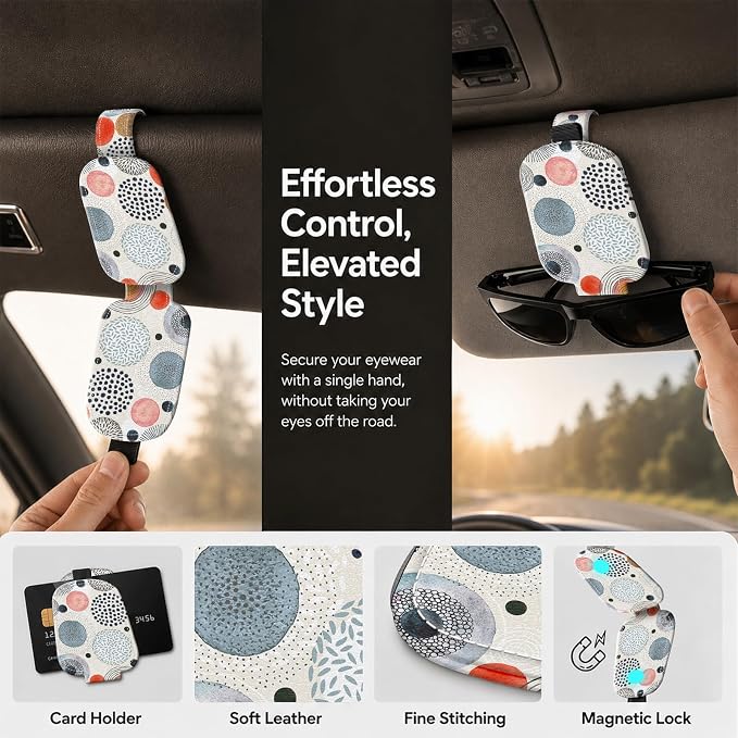 Sunglasses Holder for Car Visor, PU Leather Glasses Clip Organizer, Cute Magnetic Eyeglass Holder for Vehicle Sun Visor, Car Interior Accessory for Women & Men, Abstract Circles - Image 5