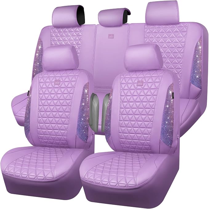 CAR PASS Light Purple Bling Diamond Leather Car Seat Covers Full Sets, Waterproof Shining Glitter Sparkly Crystal Universal Armrest Fit for Automotive Truck SUV Cute Women Girl,Lavender Rhinestone by CARPASS