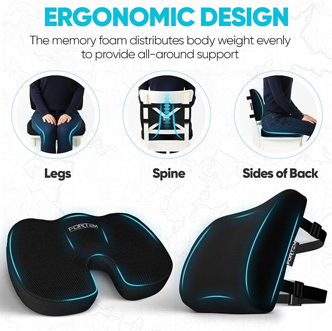 FORTEM Seat Cushion & Lumbar Support for Office Chair, Wheelchair, Car | Memory Foam | Ergonomic Design | Washable Cover | Non Slip | Black - Image 6