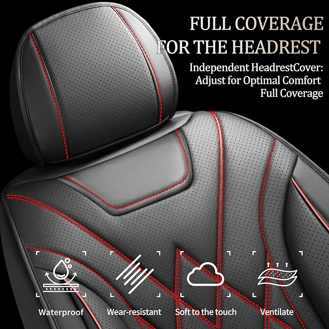 Car Seat Covers for GMC Acadia 2007-2026, Full Set, Redline | Luxury Full Coverage Leather Seat Protectors, Waterproof Breathable, Non-Slip, Easy to Install, Airbag Compatible, All-Season - Image 4