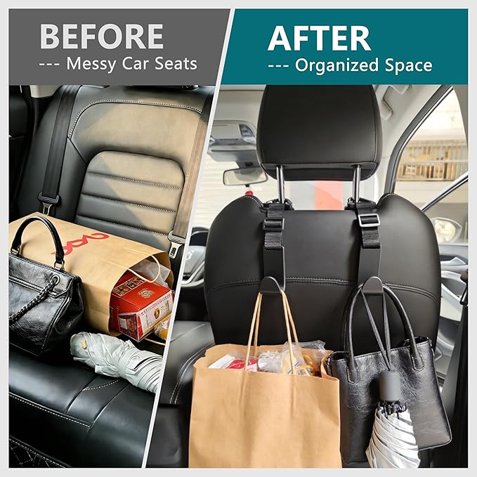 Amooca 4 Pack Anti-drop Headrest Hooks Adjustable Car Seat Organizer | Universal Fit with Clip, Hanger for Backpack Umbrella Water Bottle Coat Purses Handbags Groceries, 40lb Heavy Duty, Black - Image 3