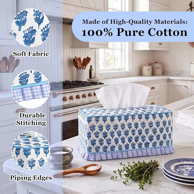 Block Print Fabric Tissue Box Cover, Hydrangea, Royal Blue | Rectangular Ruffle Sleeve, Decorative Holder for Bathroom Vanity Car, Napkin Dispenser Grand Millennial Boho Decor Home - Image 3