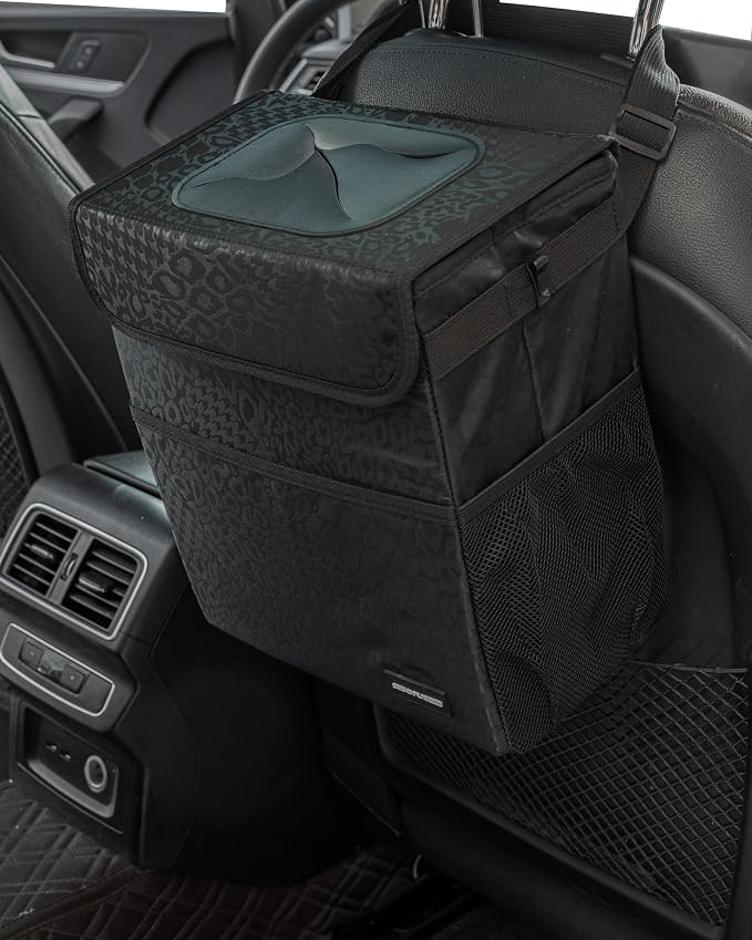 SIBOFUEGO Sturdy 3 Gallon Car Trash Can - Ultra Large Capacity, Leak Proof, Waterproof Car Organizer and Storage with Pockets and Adjustable Straps, Collapsible Interior Car Accessory (Black Leopard) - Image 3