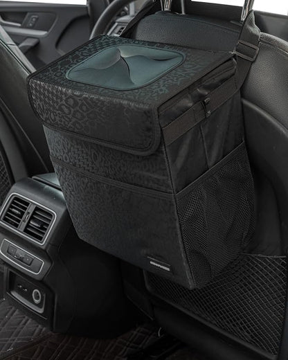 SIBOFUEGO Sturdy 3 Gallon Car Trash Can - Ultra Large Capacity, Leak Proof, Waterproof Car Organizer and Storage with Pockets and Adjustable Straps, Collapsible Interior Car Accessory (Black Leopard) - Image 3