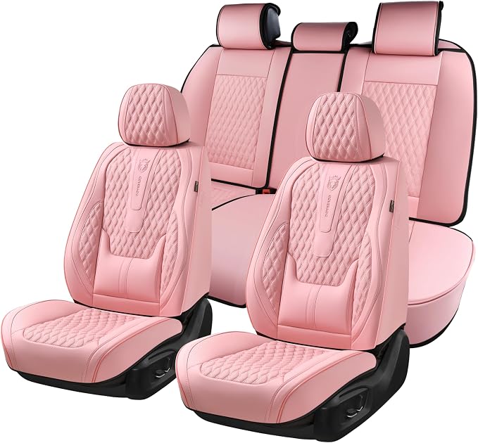 Coverado Seat Covers Full Set, Pink Car Seat Covers, Waterproof Car Seat Cover with Lumbar Support, Leather Car Seat Cushion Protector, Car Seat Covers Universal Fit Most Cars by COVERADOAUTO
