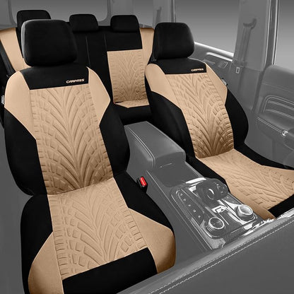 CAR PASS Car Seat Covers Full Sets, Front & Split Rear Bench for Car, 3D Tyre Embossed Automotive Interior Covers, Airbag Compatible, Quick Setup Universal Fit Seat Covers for Car, SUV(Black Beige) - Image 5