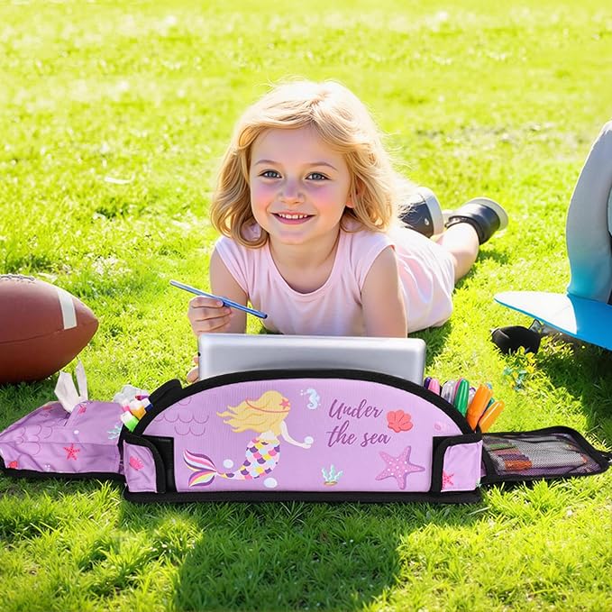Kids Travel Tray for Toddler Car Seat, Road Trip Activities for Kid | Toddler Car Activities with iPad Holder Stand, Roadtrip Essentials with Dry Erase Board & Cooler Cup Holder,Purple Mermaid - Image 2