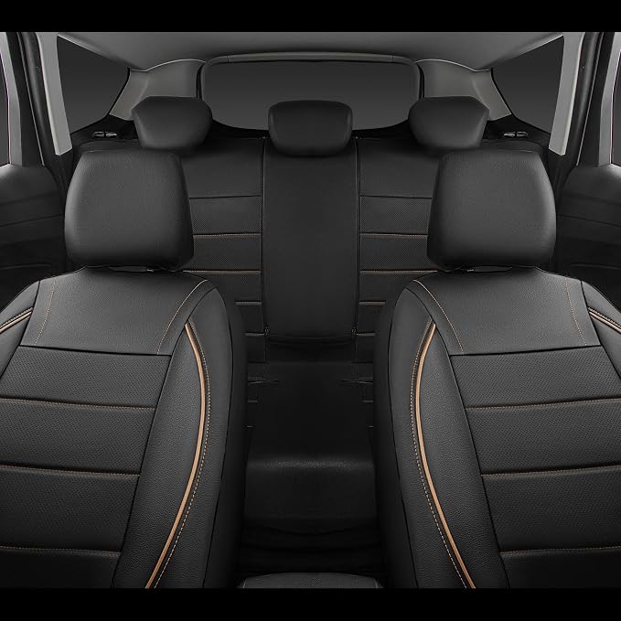 CAR PASS Universal FIT Piping Leather Two Front Seat Covers, Waterproof Faux Leather for SUV Sedan Van Truck, Airbag Compatible,Reserved Opening Holes for Headrest Covers. (Black and Beige) - Image 6