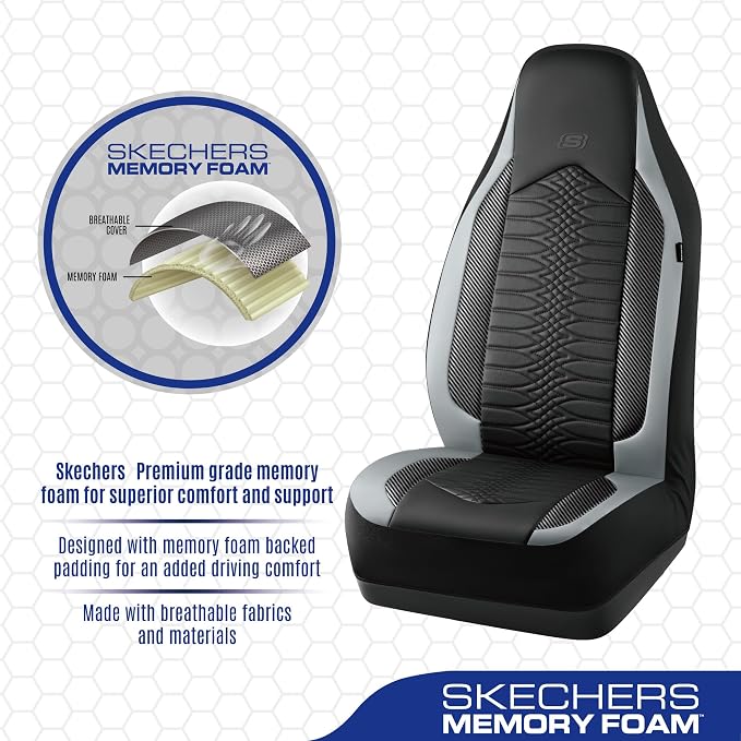 Skechers Memory Foam Car Seat Covers, Leather High Back Seat Covers Quilting Design,Waterproof Sports Car Seat Covers Front Seats,Airbag Compatible, Universal Fit for Most Cars, SUVs,Trucks,Gray - Image 4