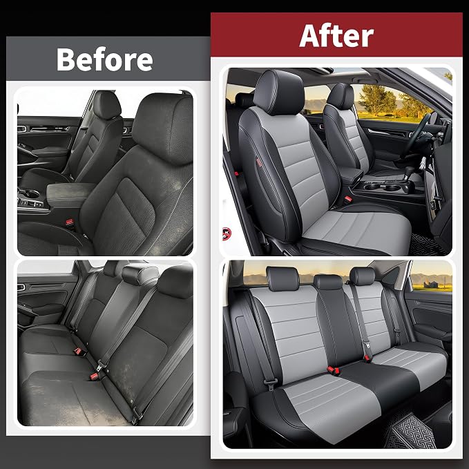 HKZ Custom Fit Civic Seat Cover Full Set for Honda Civic 4 Door Sedan-Only (2022 2023 2024 EX)&(2025-2026 Sport),5-Seats Full Set,Leather Seat Protector(Grey) - Image 6