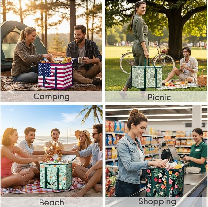 BALEINE 2Pk Insulated Reusable Grocery Bags, Collapsible Cooler Bag for Groceries, Heavy Duty Large Insulated Bag (16''x9''x13'', Antique Foliage) (Pack of 3) - Image 6