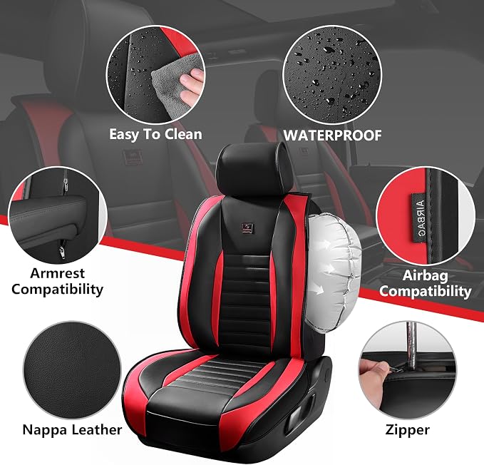 CAR PASS Nappa Leather Car Seat Covers Full Set, Luxury Seat Protector for Cars, Waterproof Anti-Slip Seat Cushion Armrest Compatible Airbag Universal for Sedan SUV Pick-up Truck Auto, Black Red - Image 2