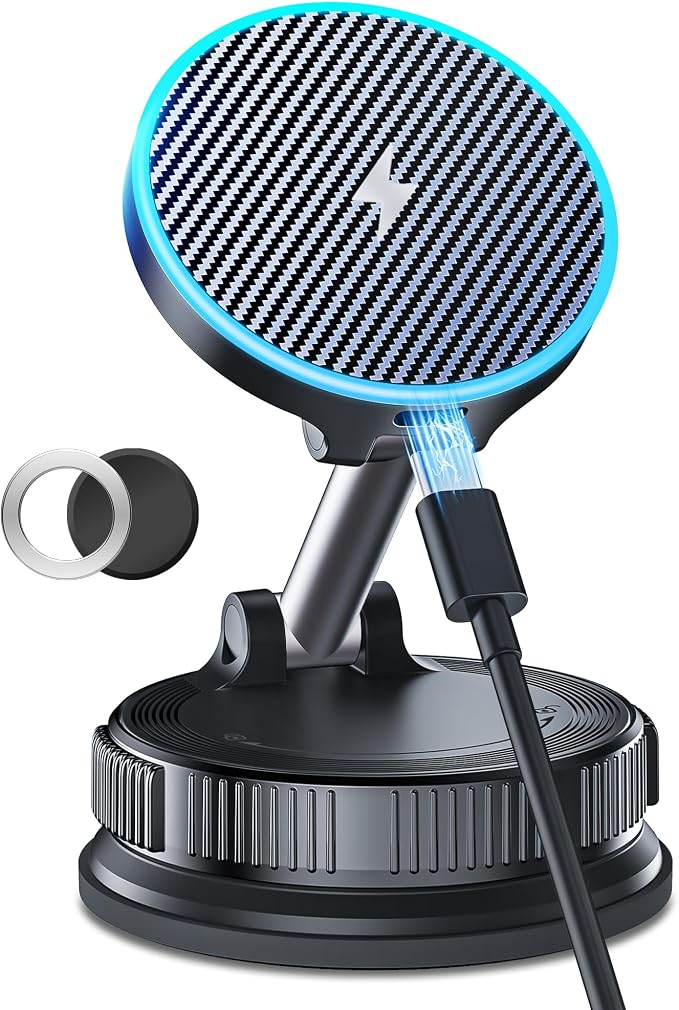 15W MagSafe Car Mount Charger, Magnetic Wireless Car Charger with Vacuum Suction Cup & Nano Adhesive Base, 360° Rotatable Strong Hold Car Phone Mount for iPhone 17 16 15 14 13 12 Series, Samsung S26 by FastandSafeCharging
