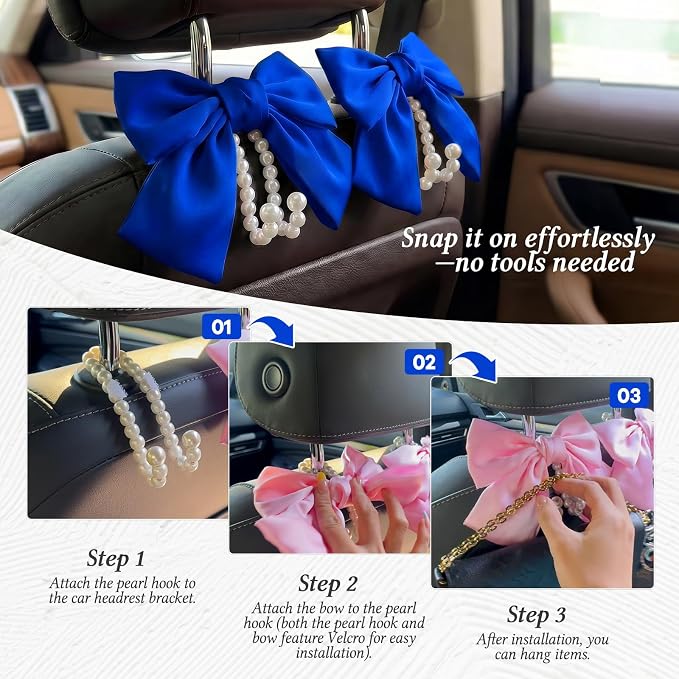 2PCS Satin Bow Pearl Car Seat Headrest Hooks – Car Bag Holder & Vehicle Hanger for Purses – Cute Coquette Aesthetic Interior Decoration – Cute Auto Organizer Accessories Universal (Deep Blue) - Image 6