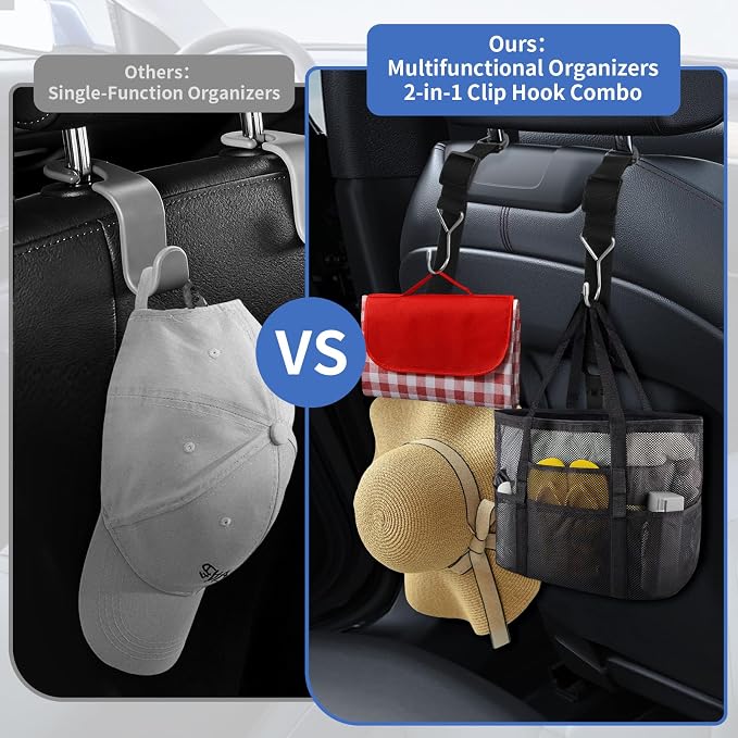 Headrest Hooks for Car, 2-in-1 Backseat Organizer with Bag Hook & Hat Clip, Extendable Universal Vehicle Storage Hanger Car Gifts for Purse, Grocery, Shopping Bag, Cap (2 Pack) - Image 4