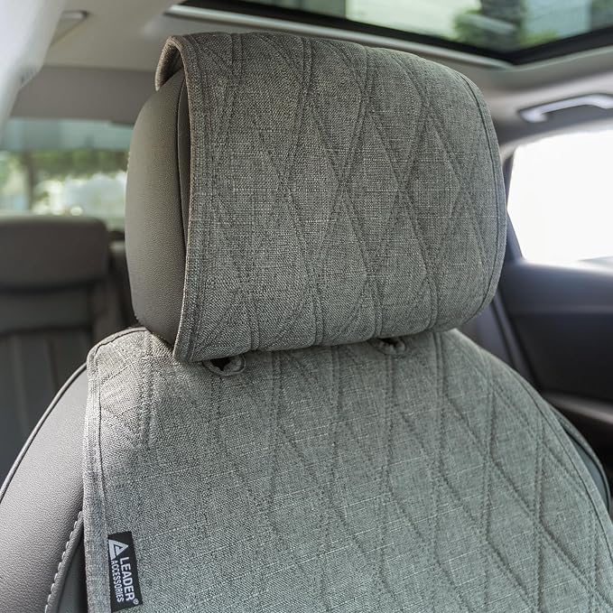 Leader Accessories 2pcs Sideless Front Seat Covers for All Seasons, Grey | Breathable Faux Linen Seat Cushions, Non-Slip Bottom With Headrest Protectors, Universal Fit For Car Van SUV Pickup Truck - Image 3