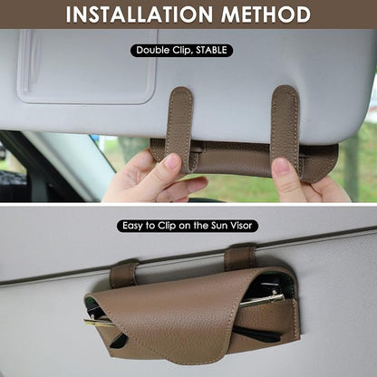 Magnetic Sunglass Holder for Car Visor, Leather Car Glasses Holder | Khaki Visor Accessories Eyeglasses Holder Glasses Storage Case - Image 2