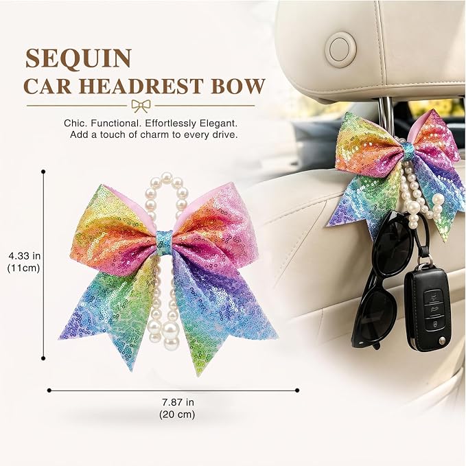 2 Pack Pearl Car Seat Headrest Hook with Bow & Sequin/Leopard/Polka Dot Design – Cute Purse Hanger for Vehicle,Grocery Bags, Umbrellas, Seat Back Organizer for Women (Rainbow Sequins) - Image 3