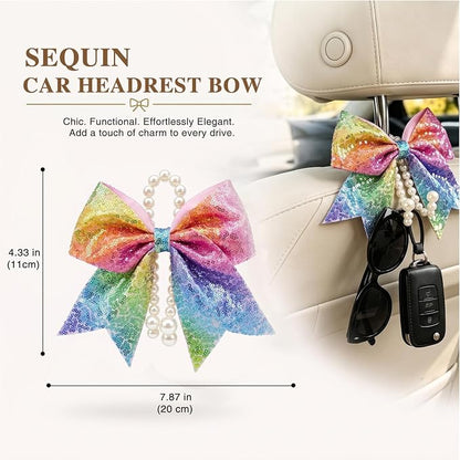 2 Pack Pearl Car Seat Headrest Hook with Bow & Sequin/Leopard/Polka Dot Design – Cute Purse Hanger for Vehicle,Grocery Bags, Umbrellas, Seat Back Organizer for Women (Rainbow Sequins) - Image 3