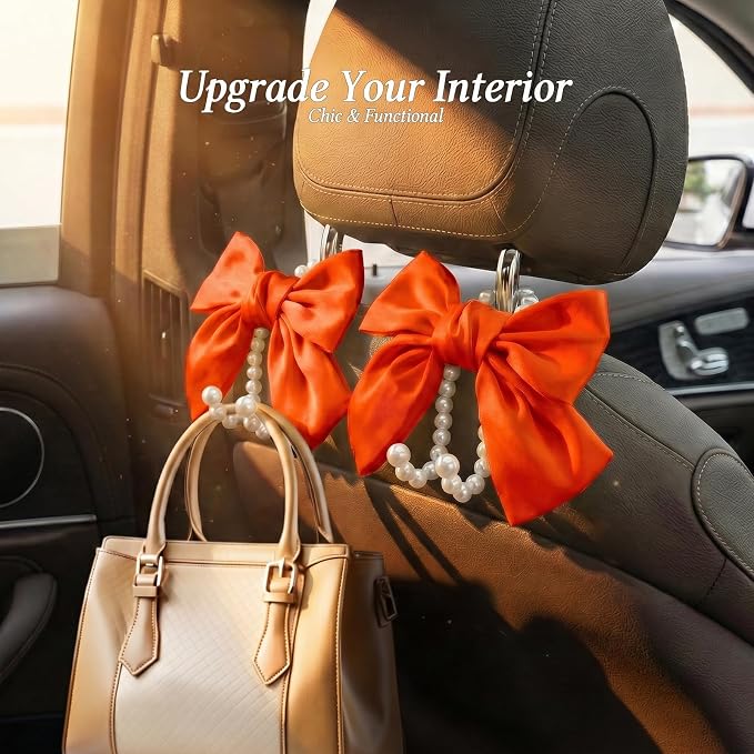 2PCS Satin Bow Pearl Car Seat Headrest Hooks – Car Bag Holder & Vehicle Hanger for Purses – Cute Coquette Aesthetic Interior Decoration – Cute Auto Organizer Accessories Universal (Orange) - Image 3