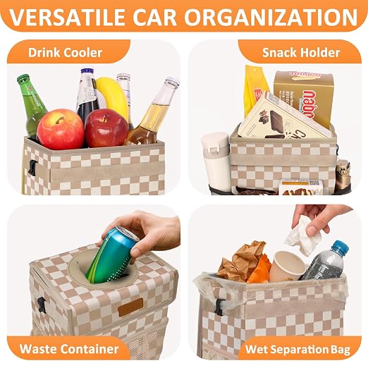 Vankor Car Trash Can with Lid Leak Proof Car Accessories for Women | 3 Gallon Cute Hanging Car Trash Bin for Men Car Truck Vehicle Interior Automotive Garbage Cans, Khaki Checkered - Image 6