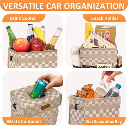 Vankor Car Trash Can with Lid Leak Proof Car Accessories for Women | 3 Gallon Cute Hanging Car Trash Bin for Men Car Truck Vehicle Interior Automotive Garbage Cans, Khaki Checkered - Image 6