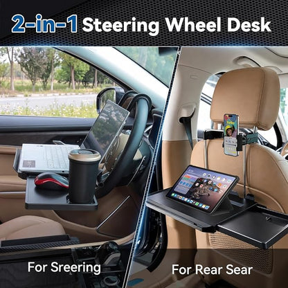 XOOL 2 in 1 Car Steering Wheel Tray, Back Seat Headrest Tray with Phone Holder – Foldable/Height Adjustable Steering Wheel Desk, Car Laptop Desk & Food Tray for Cars, SUVs & Trucks - Image 3