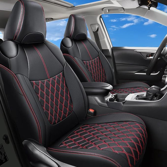 Huidasource Custom Fit RAV4 Front Seat Covers, Waterproof Interior Car Seat Accessories Fit for 19-24 Toyota Rav4 XLE LE XLE Premium Limited(Not for Hybrid/Adventure/TRD Off-Road/Prime, Black&Red) by Huidasource