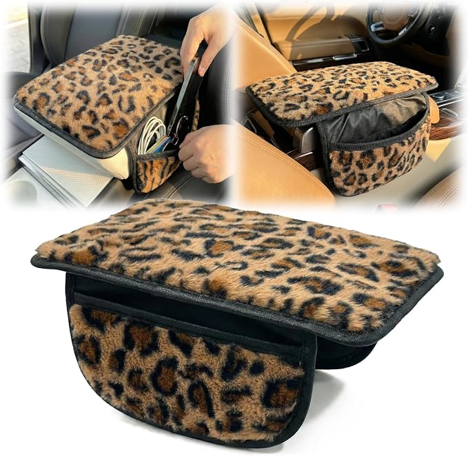 Plush Fuzzy Car Center Console Cover with Side Pockets, Leopard Print | Fluffy Armrest Cushion Pad,Soft Car Interior Accessories with Storage for Men & Women. Universal Fit for Vehicles SUV Truck by Unknown