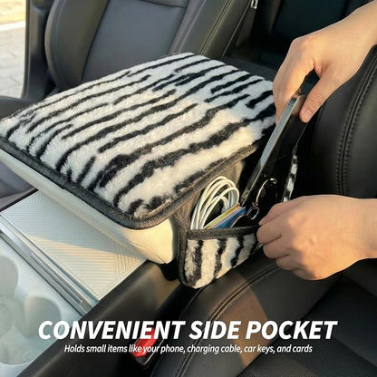Plush Animal Print Car Center Console Cover with Side Pockets, Fluffy Armrest Cushion Pad.,Soft Car Interior Accessories with Storage for Women. Universal Fit for Vehicles SUV Truck (Zebra Print) - Image 4