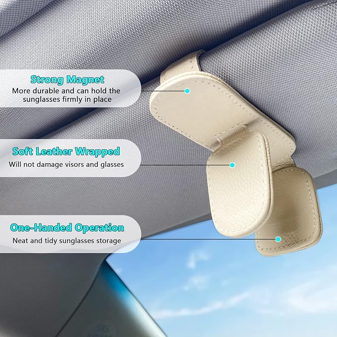 Visonx Sunglass Holder for Car Visor Clip, Magnetic Leather Eyeglass Hanger Clip for Car, Square Car Visor Accessories (White) - Image 3