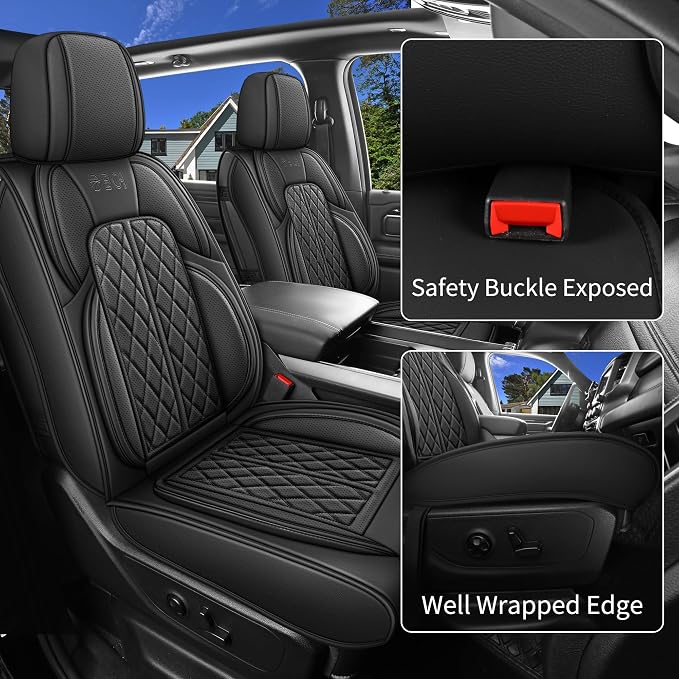 Car Seat Cover Custom Fit for Dodge Ram 1500 2500 3500 2002-2026 Faux Leather Seat Cover Set Compatible with Crew Quad Regular Cab Pickup Truck Cushions (Black, Full Set, Flat Rear) - Image 3