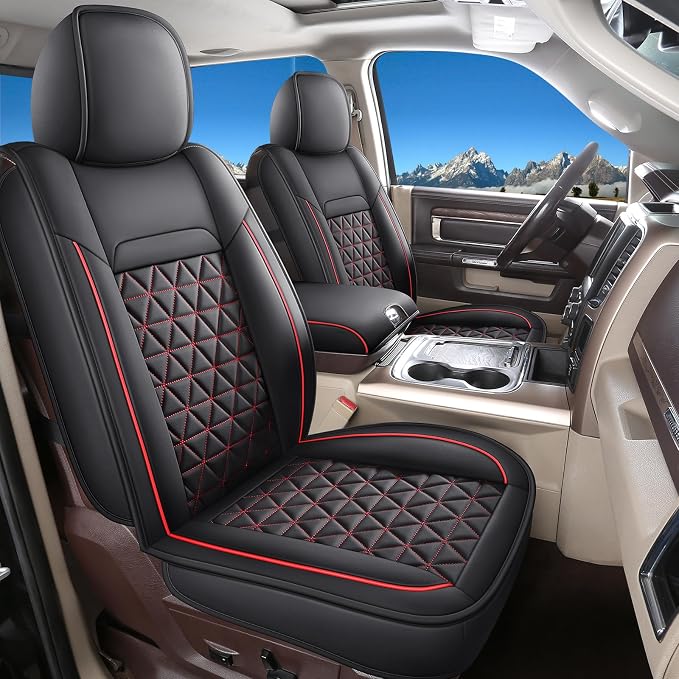 Coverado Leather Car Seat Covers, Waterproof Dooge Ram 1500 Seat Covers Compatible with 2002-2026 Dodge Ram 1500 2500 3500 with Flat Bench (Full Set, Black&Red line) by COVERADOAUTO