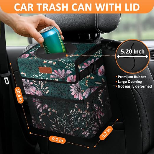 Vankor Car Trash Can with Lid Leak Proof Car Accessories for Women | 2.2 Gallon Cute Hanging Car Trash Bin for Men Car Truck Vehicle Sedan SUV Interior Automotive Garbage Cans, Navy Floral - Image 2