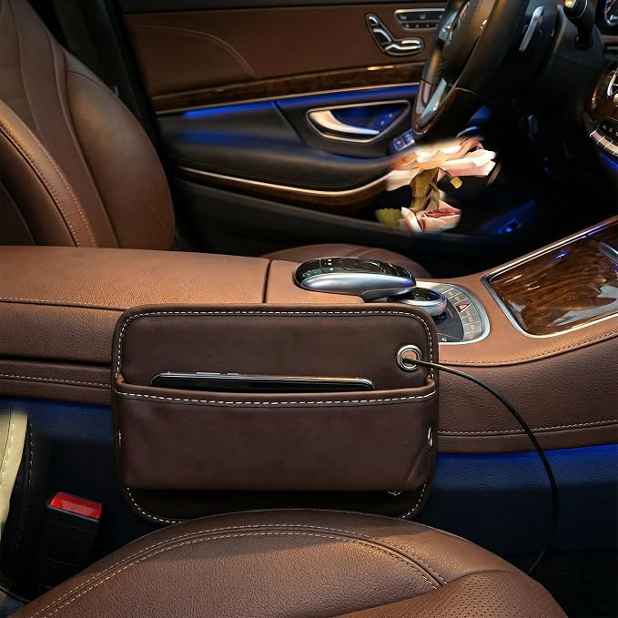 Car Seat Gap Organizer | PU Leather Seat-Side Storage Pocket with Cable Port | Fits Most Cars, SUVs and Trucks | Brown - Image 5