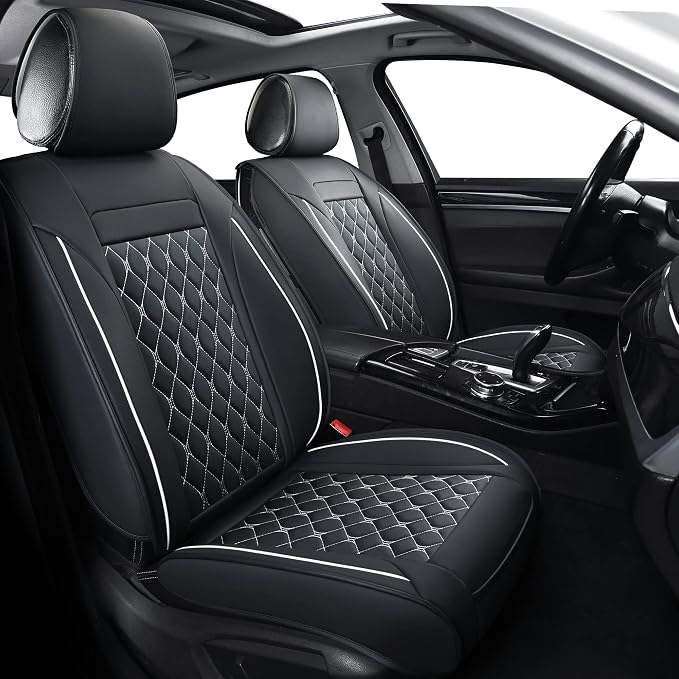 Car Seat Covers Full Set,Universal Fit for Most Cars,SUV,Sedans and Pick-up Trucks,Automotive Vehicle Faux Leather Cushion Covers for 5 Passenger Cars(Full Set,Black/White) by Vankerful