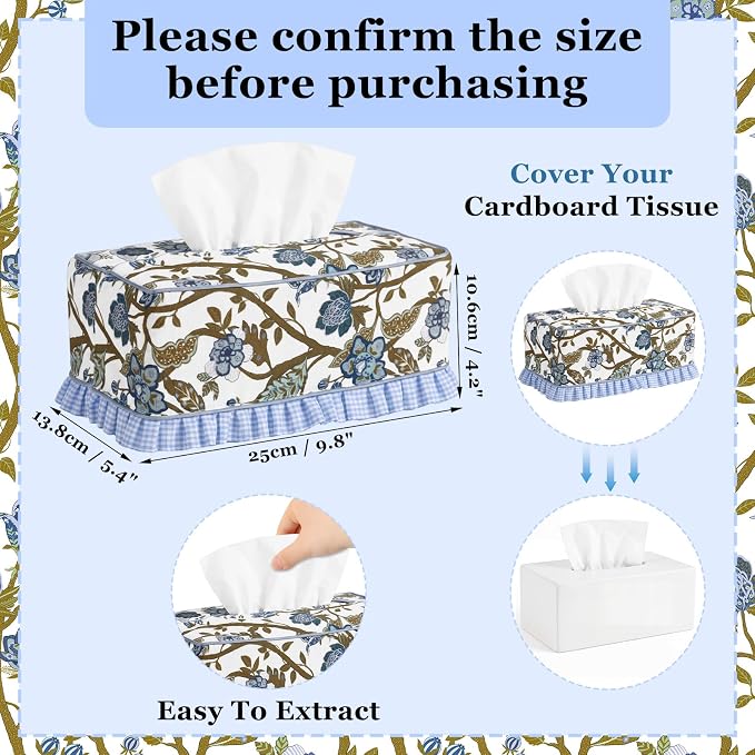 Block Print Fabric Tissue Box Cover, Chinoiserie, Navy Blue | Rectangular Ruffle Sleeve, Decorative Holder for Bathroom Vanity Car, Napkin Dispenser Grand Millennial Boho Decor Home - Image 2