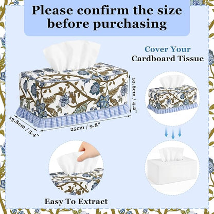 Block Print Fabric Tissue Box Cover, Chinoiserie, Navy Blue | Rectangular Ruffle Sleeve, Decorative Holder for Bathroom Vanity Car, Napkin Dispenser Grand Millennial Boho Decor Home - Image 2