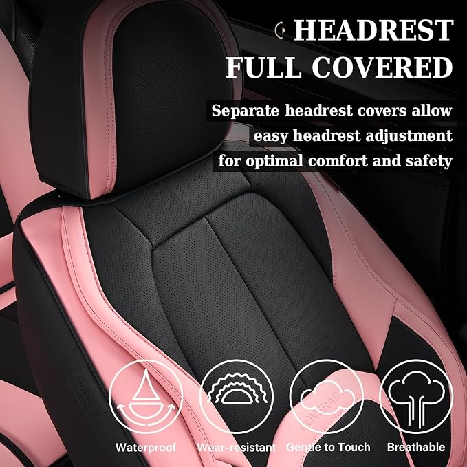 Coverado Car Seat Covers Full Set, Waterproof Nappa Leather Seat Covers for Car, Car Seat Protector with Lumbar Support, Automotive Seat Covers Universal Fit for Most Cars SUV Trucks, (Black&Pink) - Image 4
