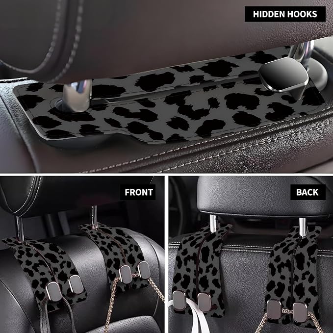 Car Seat Back Storage Headrest Hook, Premium Leather Double Metal Hook, Hanger Storage Organizer for Purse Cloth Bag, Car Interior Accessories Luxury Black Leopard - Image 4