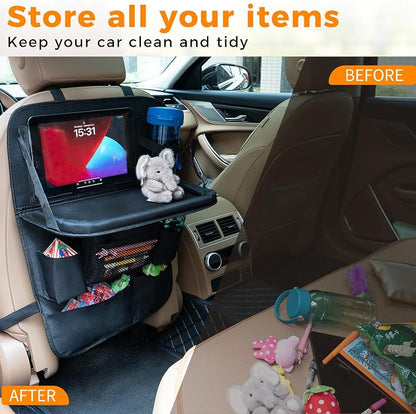 Backseat Car Organizer with Tray, 9 Storage Pockets Back Seat Protector with Foldable Tablet Holder, Waterproof Back of Seat Kick Mats for Kids Adult, Road Trip Essentials Travel 2 Pack, Black - Image 8