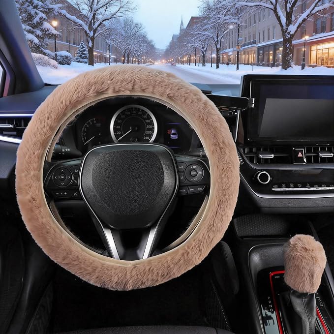 SEG Direct Fluffy Furry Steering Wheel Cover Fuzzy Gear Shift Cover, Khaki | 2 PCS Set, Soft and Warm, Cute Fur Auto Car Decor, Standard Size 14.5- 15 inch for Women Men - Image 2