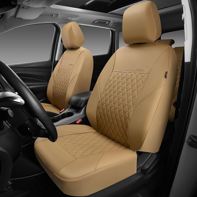 CAR PASS Faux Leather Seat Covers Full Set, Quilting Waterproof Premium Automotive Seat Cover with 5mm Composite Sponge Inside,Airbag Compatible, Universal for Most Cars Sedan SUV Truck, All Beige - Image 2