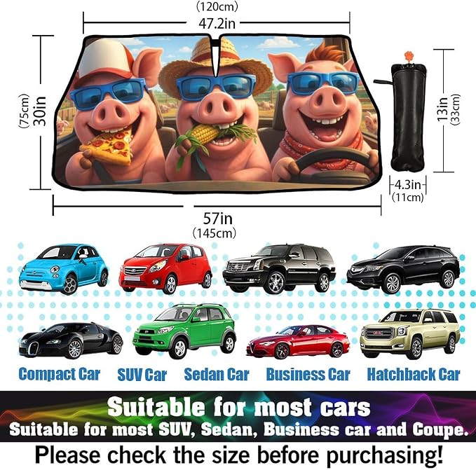 Funny Pig Car Windshield Sun Shade Umbrella Bendable Handle Foldable Animal Sunshade for Car Windshield Block UV Rays Keep Vehicle Cool for Most Sedans SUV Trucks Cars 57"x30" - Image 6