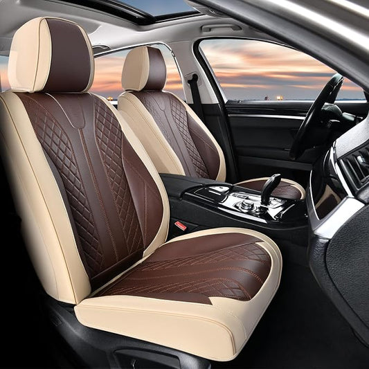 FLORICH Front Seat Covers 2 Pieces Universal Seat Cover for Cars Breathable Leather Waterproof Car Seat Cover Driver Seat Cover Automotive Car Seat Cushion Fit for Most Cars SUV Trucks, Beige&Coffee by FLORICH