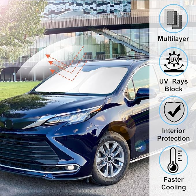 Windshield Sun Shade for 2021-2026 Toyota Sienna Accessories | Full covered, Foldable & Durable, Block UV Rays, Reduce Heat, Easy to install, Keep Car Cooler - Image 2