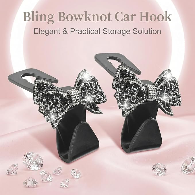 2 PCS Bling Car Seat Headrest Hooks, Crystal Rhinestone Bow Car Purse Hooks, Vehicle Seat Back Storage Hook for Handbag Purse Coat Grocery, Universal for SUV Truck Sedan (Black) - Image 2