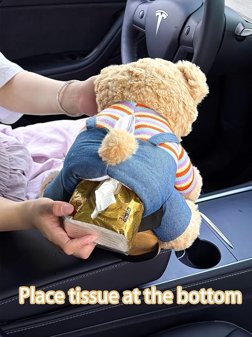 Cute Car Trash Can with Tissue Holder Teddy Bear Tissue Box Console Stuffed Animal Organizer Plush Doll Multifunctional Creative Accessories for Women Rainbow Bear - Image 4