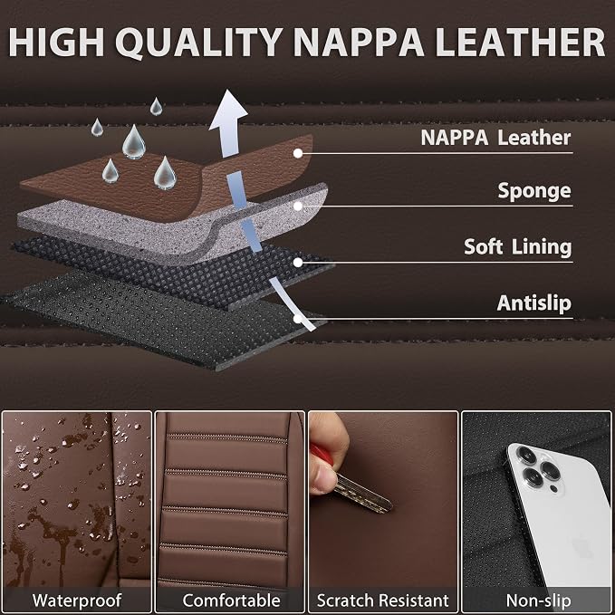 CAR PASS Nappa Leather Car Seat Covers Full Set, Luxury Seat Protector for Cars, Waterproof Anti-Slip Seat Cushion Armrest Compatible Airbag Universal for Sedan SUV Pick-up Truck Auto,Brown - Image 5